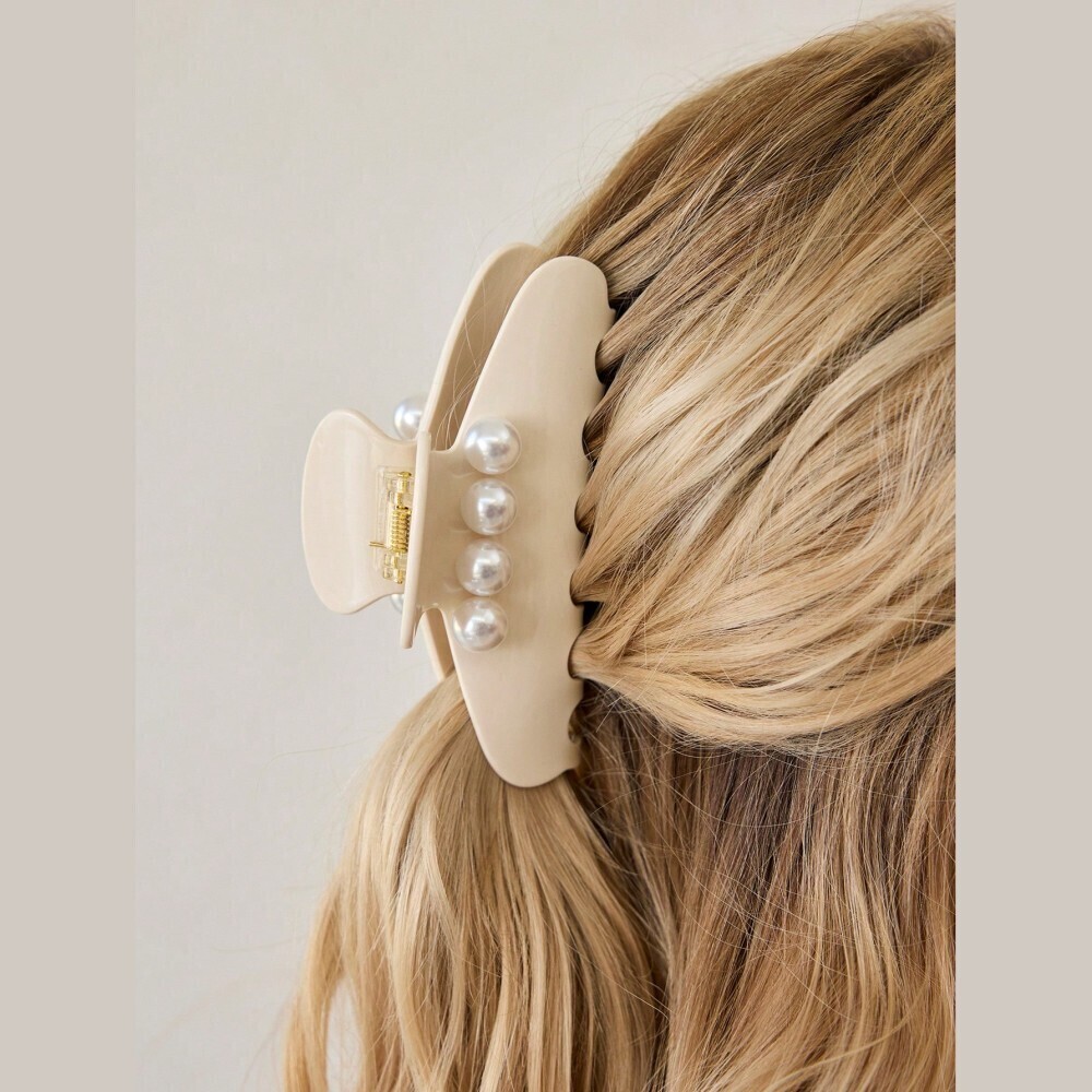 Cream Acetate Hair Claw Clip with Pearl Embellishments